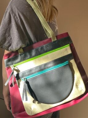 ONE OF A KIND Handmade Multicolor Tote Bag with Front Zip Pockets WITH FREE GIFT